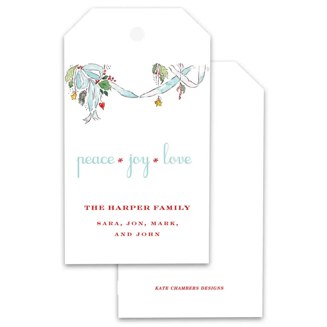 Watercolor Blue Ribbon "Peace, Joy Love" Holiday Gift Tag