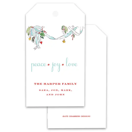 Watercolor Blue Ribbon "Peace, Joy Love" Holiday Gift Tag