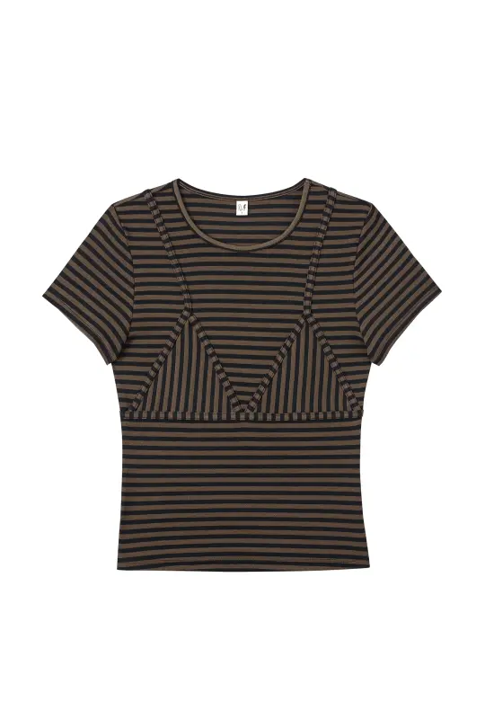 Bikini Bod Striped Short Sleeve Tee Brown