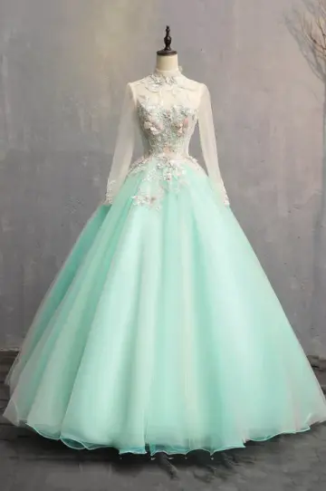 French Chic Mint Green A-Line High Collar Applique Corset Maxi Evening Dress Prom Dress RS586