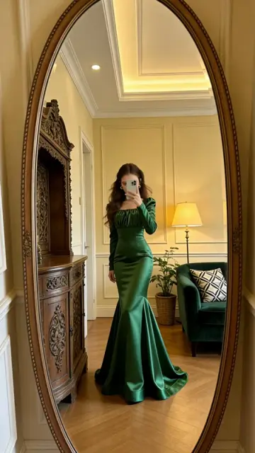 Green square neckline, fitted waist, slimming and sexy long ball gown R8616