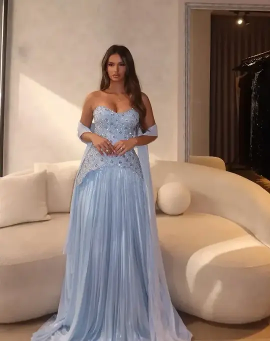 Beaded Glitter Chiffon Corset Prom Gown , Blue Women's Maxi Evening Dress RS2315