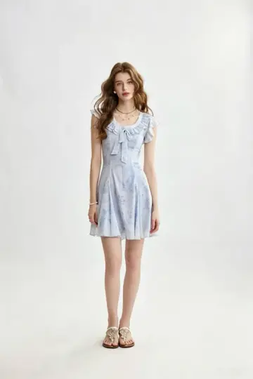 Light Blue Floral Print Mini Dress Women With Ruffle Trim And Bow Detail R9468