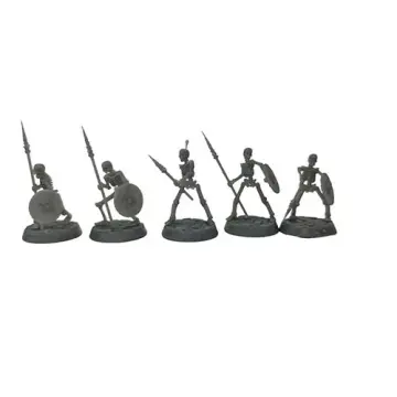 A front-view photograph of five unpainted grey resin skeleton warrior miniatures against a white background. The bare skeletal figures are actively posed wielding long spears and round shields, standing on circular, cobblestone-textured bases.