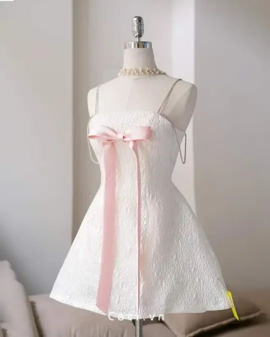 White suspender bow slim fit princess puffy skirt homecoming dress R2559