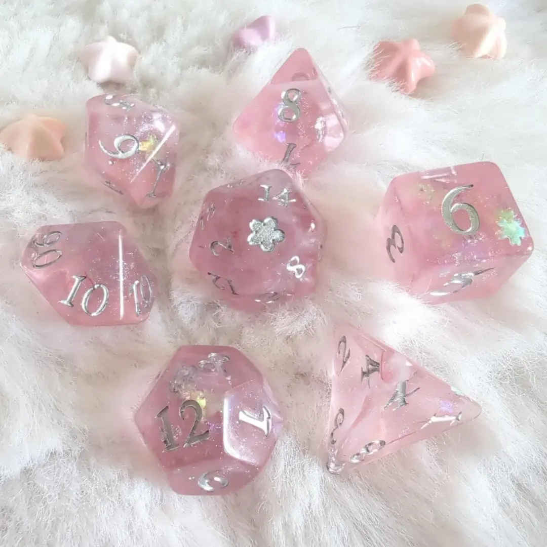 Cherry Blossom Dice Set – 11-Piece Spring Pink DnD Dice | Fennek & Finch