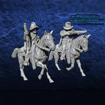 Unpainted 28mm 3D-printed mounted conquistadores with wheellock carbines, 2 miniatures — tabletop miniatures for historical wargaming, D&D & Pathfinder