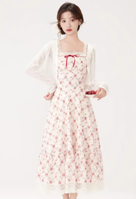 French style gentle sweet floral dress new lace waist long skirt R2380