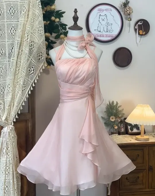 Cute Pink Dress A-Line Halter Tulle Party Dress Birthday Dess with Ribbon Trim RS012