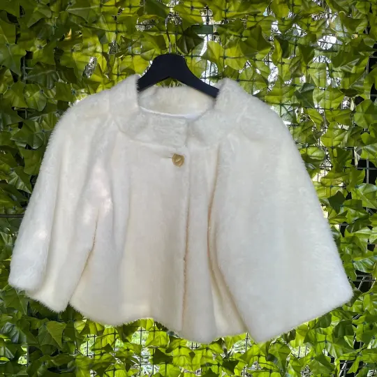 Cropped Cloud Jacket- Vintage White Faux Fur Cropped Cape Jacket with Button Closure