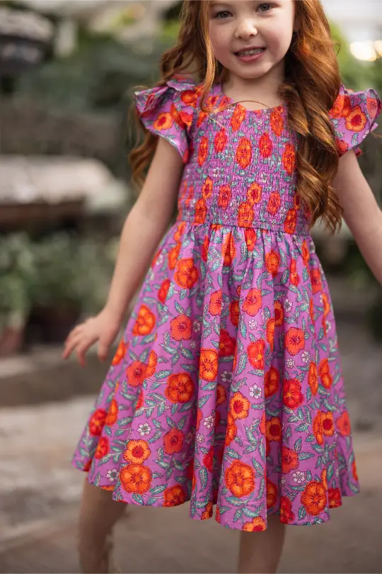 Mini Hattie Dress in Thistle Flower Poppy Woodblock