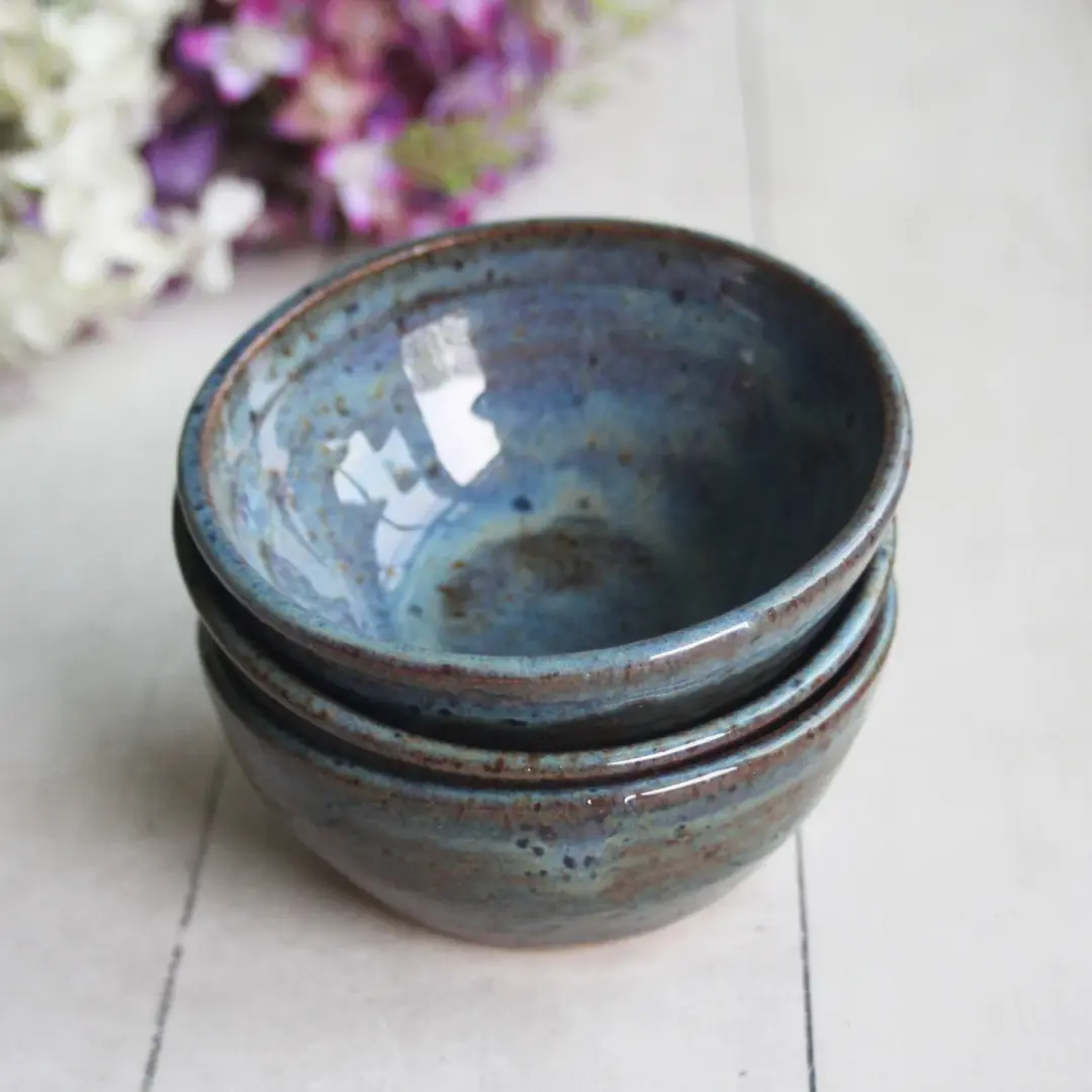 Three Small Rustic Blue Ceramic Pottery Bowls, Kitchen Prep Handcrafted Made in USA