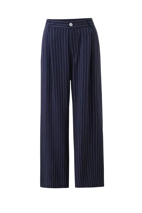 Low Rise Tencel Stripe Front Pleat Trousers Navy