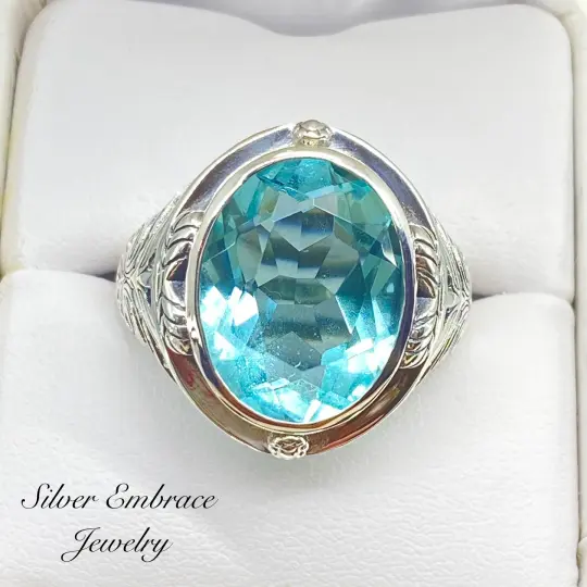 Sky Blue Large Oval Ring, Size 12, Victorian Jewelry Design#D2 - Ready to Ship