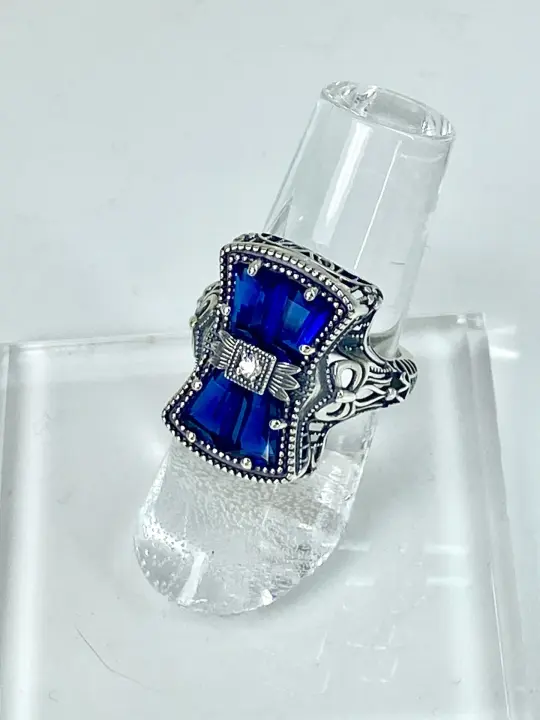 Blue Sapphire Ring, Size 6, Versailles Sterling Silver Bow & Baguette CZ Ring, Baroque Jewelry D595 - Ready to Ship
