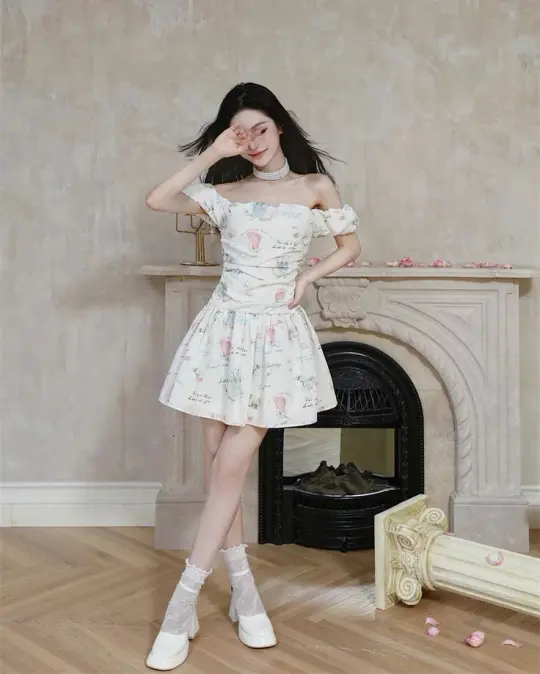 Floral shoulder pleated cute sexy homecoming dress R2507