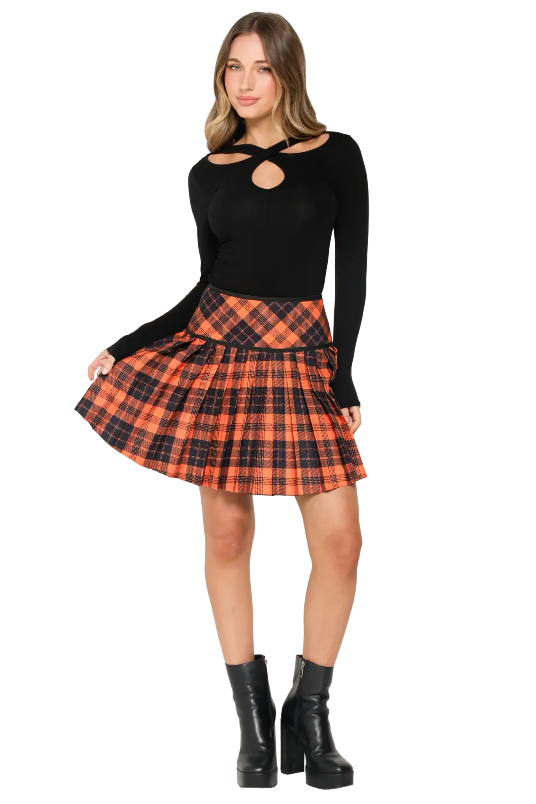 Orange Trick-or-Tartan Woven Pleated Skirt