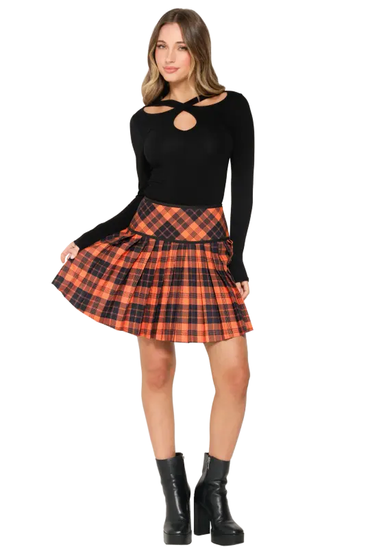 Orange Trick-or-Tartan Woven Pleated Skirt