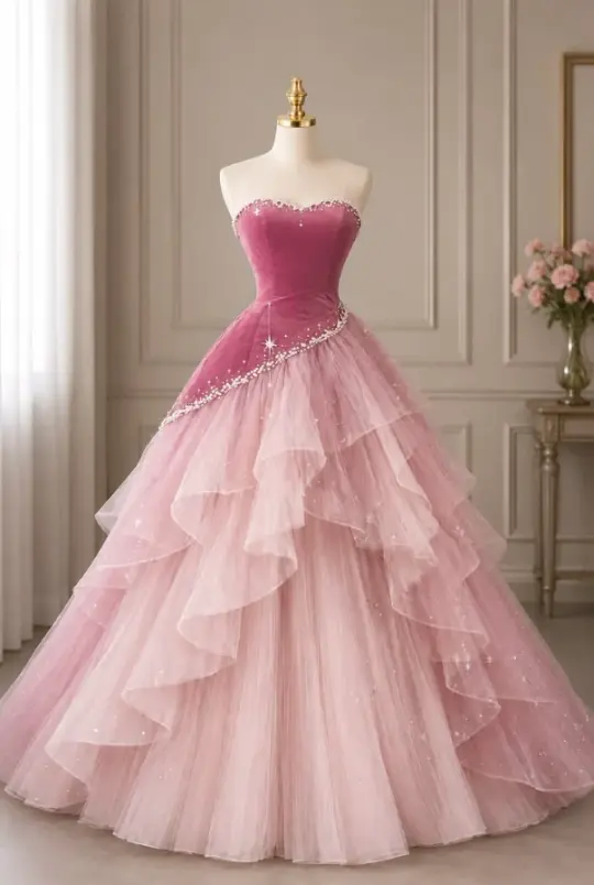 Puffy Tulle Sparkly Corset Prom Gown , Pink Women's Maxi Birthday Dress Ball Gown RS2265