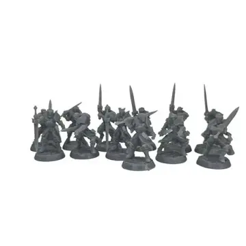 A photograph of twelve unpainted, 3D-printed grey resin miniature knights in heavy armor. They are posed dynamically, wielding large two-handed swords, and standing on simple round bases against a plain white background.