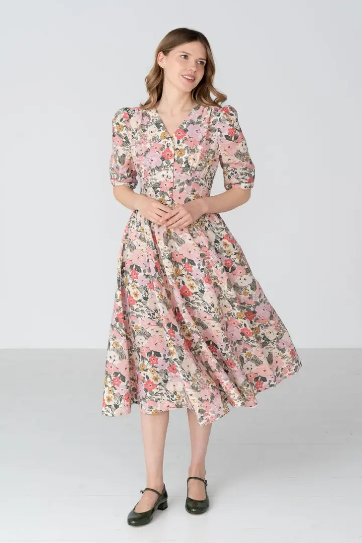Diane – Puff Sleeve Linen Midi Dress