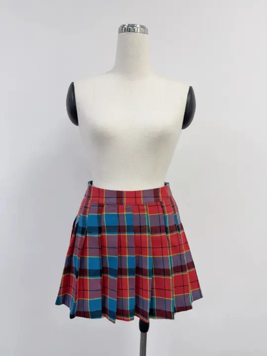 SAMPLE #421 - S Pleated High Waisted Mini Skirt - Red Plaid