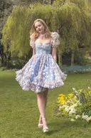 Powder blue puff sleeve waist A-line fantasy princess skirt homecoming dress R3690