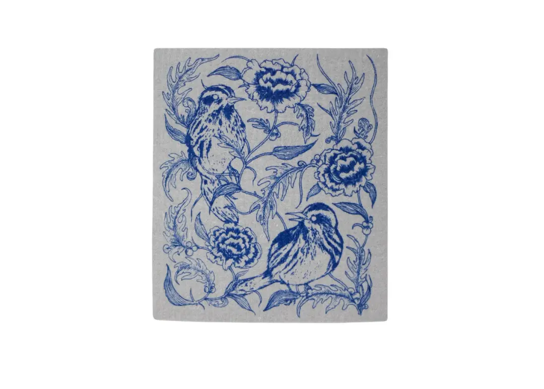Grey Bird and Floral Swedish Dishcloth