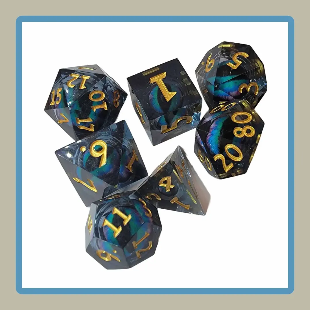 sharp edge rpg dice set in black tint with blue eyes inside