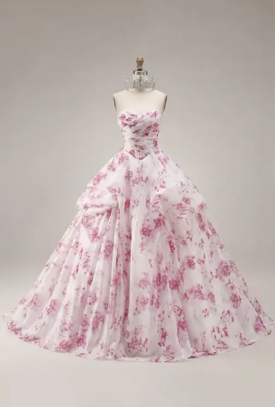 Chiffon Puffy Corset Prom Gown , Floral Women's Maxi Birthday Dress Ball Gown RS2407