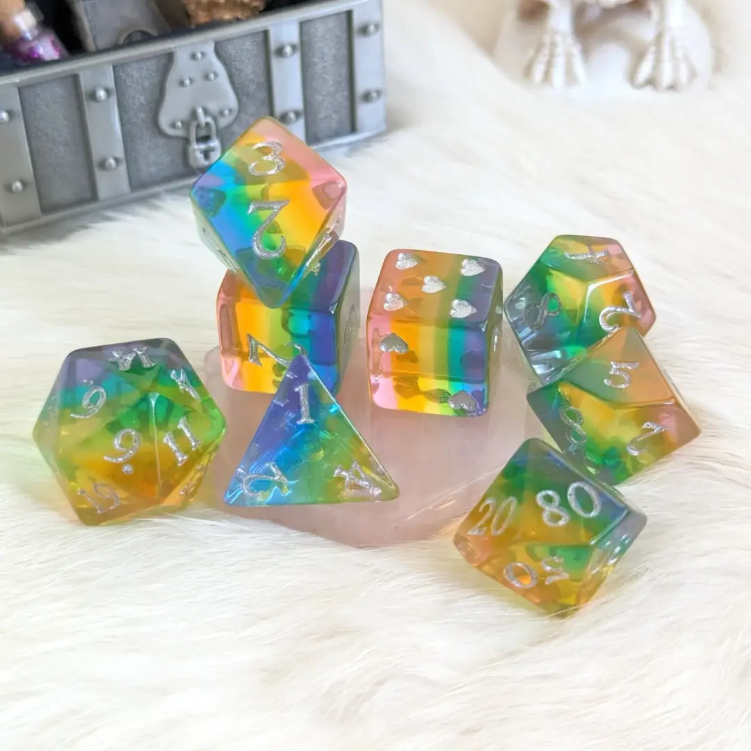 Rainbow Heart Dice Set – 8 or 12-Piece Translucent Rainbow DnD Dice with Heart D6 | Fennek & Finch