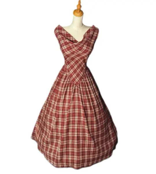 Retro Red Plaid A-Line Bateau Corset Midi Prom Dress Summer Dress RS629