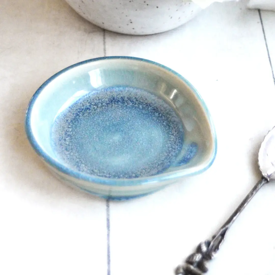 Small Spoon Rest in Sea Glass Blue Glaze, Teaspoon Dish for Coffee Station, Made in USA