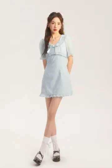 Fairycore Light Blue Lace Embroidery Dress With Puff Sleeves And Ruffle Hem R9303