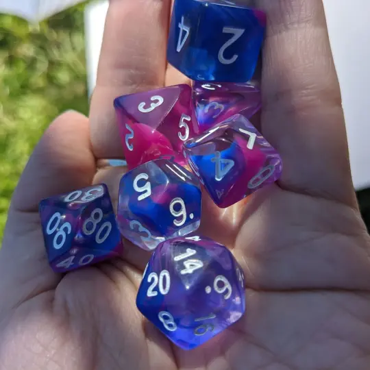 Blink Marble Dice Set – 7-Piece Blue Pink Smoke TTRPG Dice