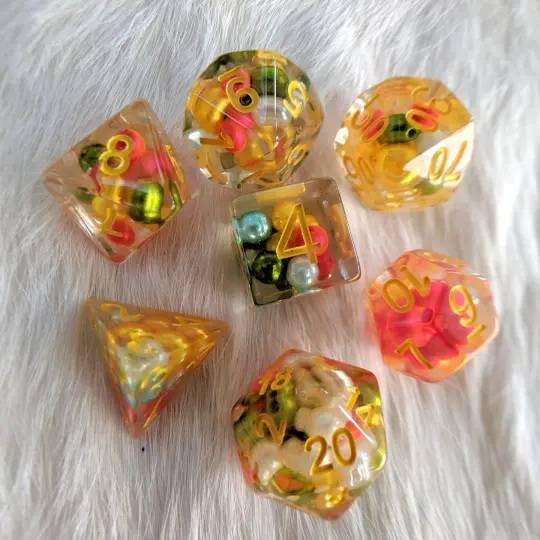 Festive Pearl Dice Set – Clear Resin with Vibrant Pearly Beads