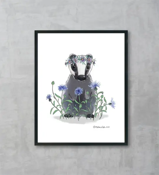 Badger With Flowers Fine Art Print