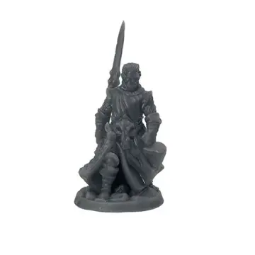 Unpainted 32mm 3D-printed tusked half-orc fighter holding a long warspear with a beast-skull crest on his tabard — tabletop RPG miniature for D&D, Pathfinder & wargaming