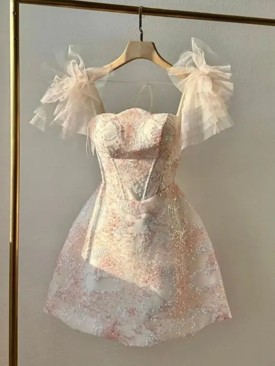 Embroidered Hazy Floral Homecoming Dress , Champagne Women's Short Prom Dress Birthday Dress RS2187