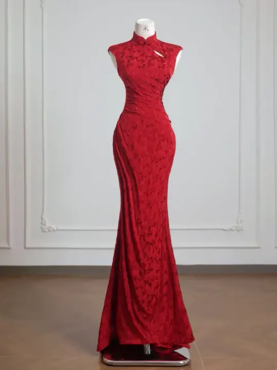 Red Chinese-style collared sleeveless fitted waist long ball gown R8228