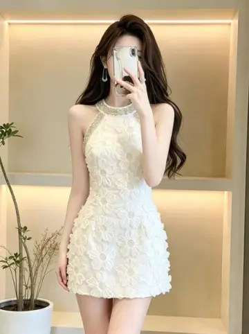 French Chic White Beaded A-line High Collar Applique Corset Mini Evening Dress Homecoming Dress RS529