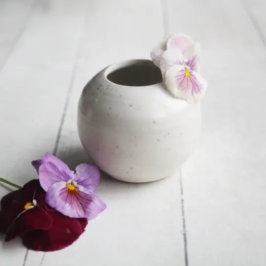 Small Vase for your Petite Flowers, Handcrafted Round Vase in White Satin Speckled Glaze, Made in US