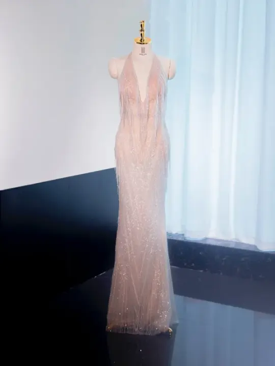 Light pink halter neck fitted waist long ball gown, bridal gown R8996