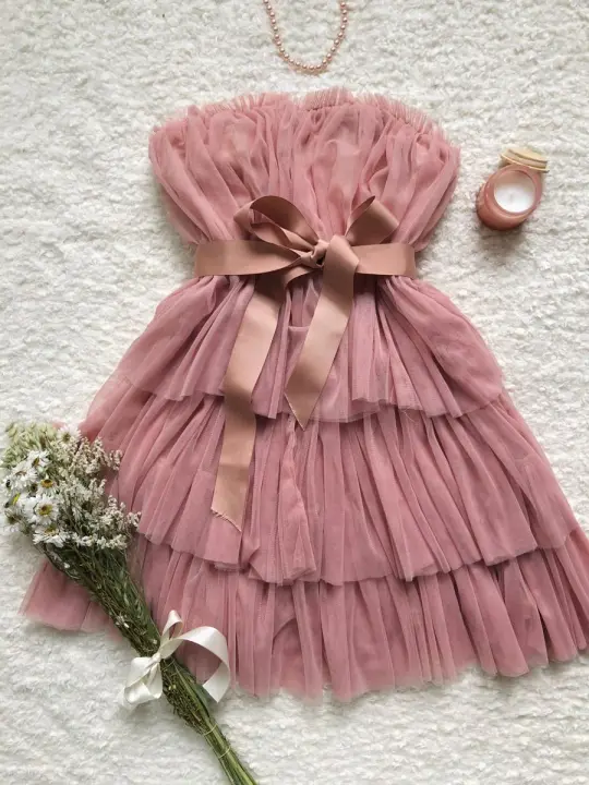 Cute Pink A-Line Strapless Ruffled Mini Summer Dress with Tulle Tiered Hem Homecoming Dress RS204