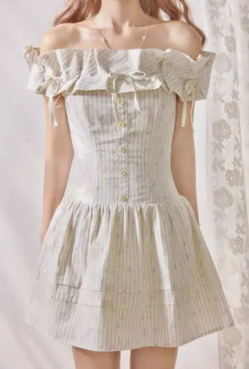 Tea pure cotton striped print pleated waist one-shoulder dress R5213