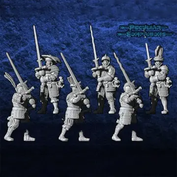Unpainted 28mm 3D-printed landsknecht zweihander greatswords, 6 miniatures — tabletop miniatures for historical wargaming, D&D & Pathfinder