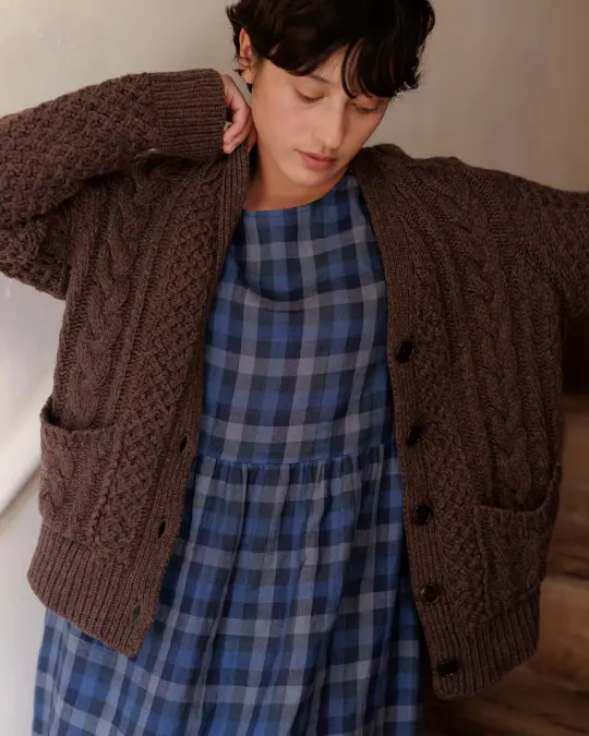 Merino Wool Cable Knit Cardigan with Pockets in Walnut