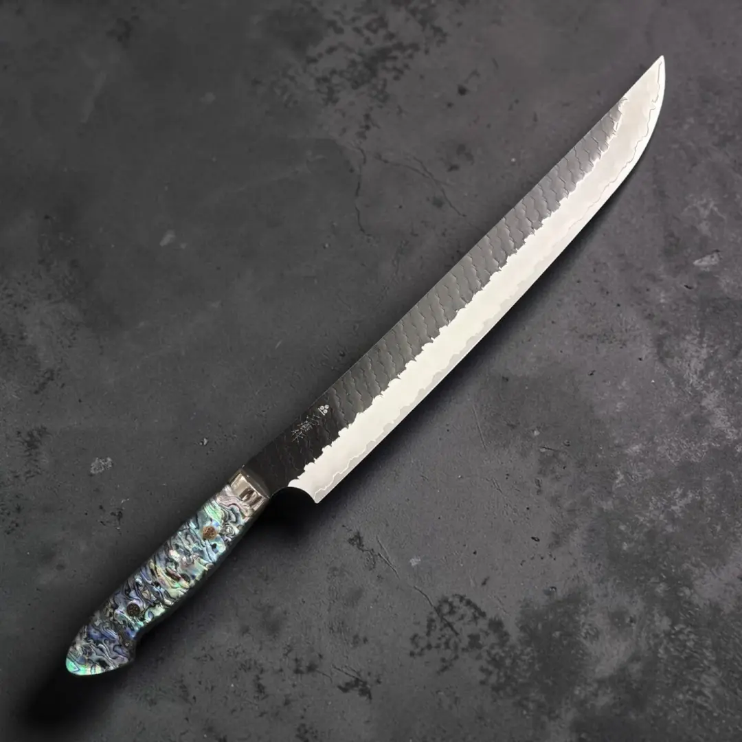 Nigara Hamono SG2 Kurouchi Tsuchime Sujihiki 300mm with Abalone Western Handle