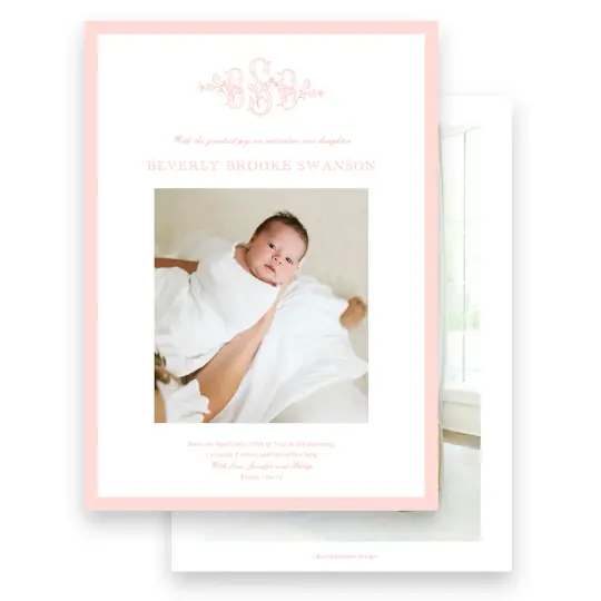 Girl's Light Coral Budding Monogram Wreath with Bow Birth Announcement
