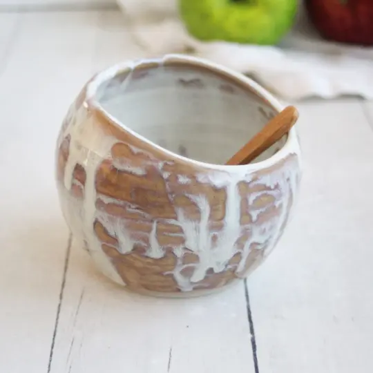 Ceramic Salt Cellar in Rustic White and Ocher Dripping Glaze, Handcrafted Made in USA